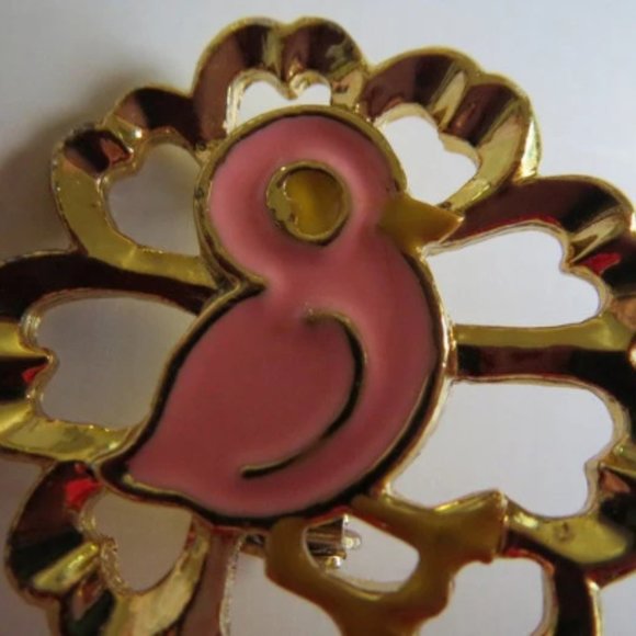 1960s Big Eyed Enameled Pink Chick & Gold Clover Flower Easter Brooch Pin - Picture 2 of 4